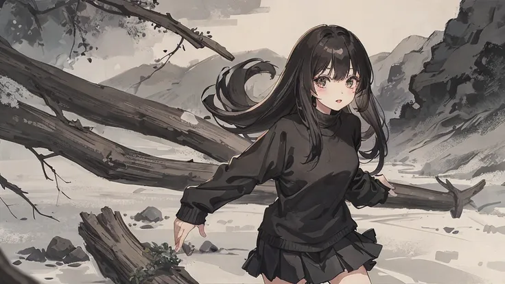 sparrow, black long hair girl, wearing a sweater, black skirt, medium hair, because I&#39;thin, teen, serious face, Japanese high school girl. She stands at the shrine,cherry blossoms,Looking up at the blue sky,Walking through the streets of cherry blossom...