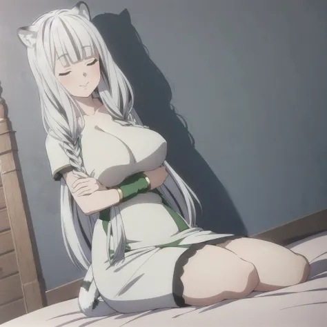 ((masterpiece)), (best quality), (ultra-detailed), photorealistic, (best illustration), ((an extremely delicate and beautiful)), 1girl, solo, long hair, tiger ears, [:tiger tail under:0.2], white hair, two-tone hair, feet out of frame, white dress, (green ...