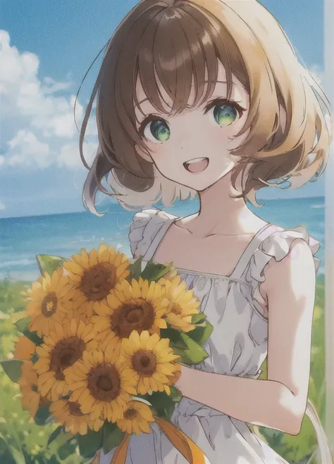 1girl, dress, flower, solo, yellow flower, holding, bouquet, outdoors, brown hair, holding bouquet, smile, looking at viewer, op...