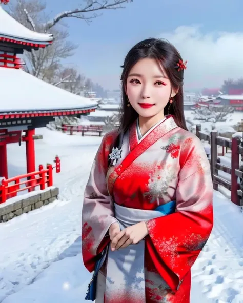 japanese dress,flying fabric,wind blow,beautiful face,8k,snow fall,temple