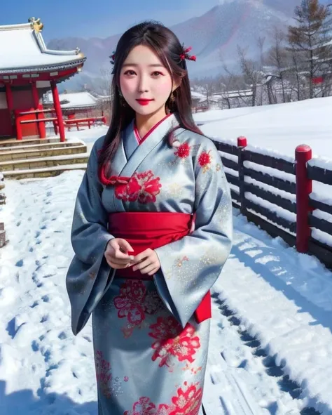 japanese dress,flying fabric,wind blow,beautiful face,8k,snow fall,temple