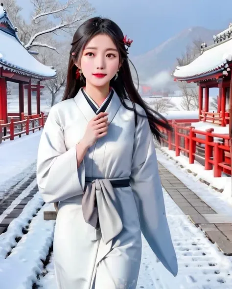 japanese dress,flying fabric,wind blow,beautiful face,8k,snow fall,temple