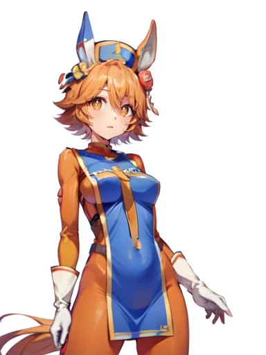 matikanefukukitaru (umamusume), orange bodysuit, mitre, tabard, elbow gloves