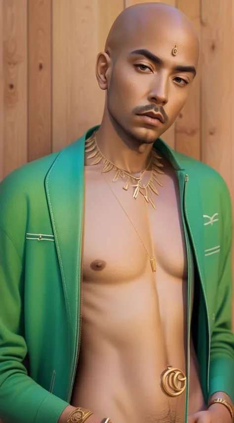 1 bald rapper, posture, Green background, Modern luxury designer clothing (gucci) (fendi) (HR GIG), High-end luxury fashion, Lots of gold chain jewellery and diamonds, FOG, Detailed and lifelike images, Stunning composition，Features retro landscape and abs...