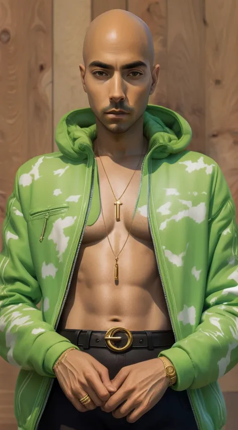 1 bald rapper, posture, Green background, Modern luxury designer clothing (gucci) (fendi) (HR GIG), High-end luxury fashion, Lots of gold chain jewellery and diamonds, FOG, Detailed and lifelike images, Stunning composition，Features retro landscape and abs...