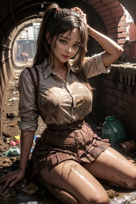 waistband of skirt is at the point above chest , school girl big breast , red knot , red bow , skirt dark red , plaid skirt , pleated skirt , dirty white Shirt , realisitic、top-quality、crisp photos、((Brick underground tunnel、Foul-smelling sewer、Littered wi...