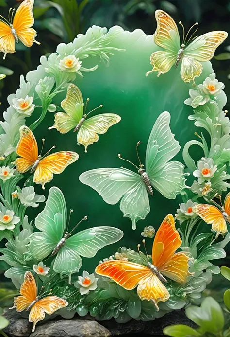 best quality, very good, 16K, ridiculous, Extremely detailed, Gorgeous butterflies，Made of translucent jadeite, Background grassland（（A masterpiece full of fantasy elements）））， （（best quality））， （（Intricate details））（8k）