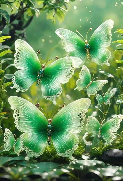 best quality, very good, 16K, ridiculous, Extremely detailed, Gorgeous butterflies，Made of translucent jadeite, Background grassland（（A masterpiece full of fantasy elements）））， （（best quality））， （（Intricate details））（8k）