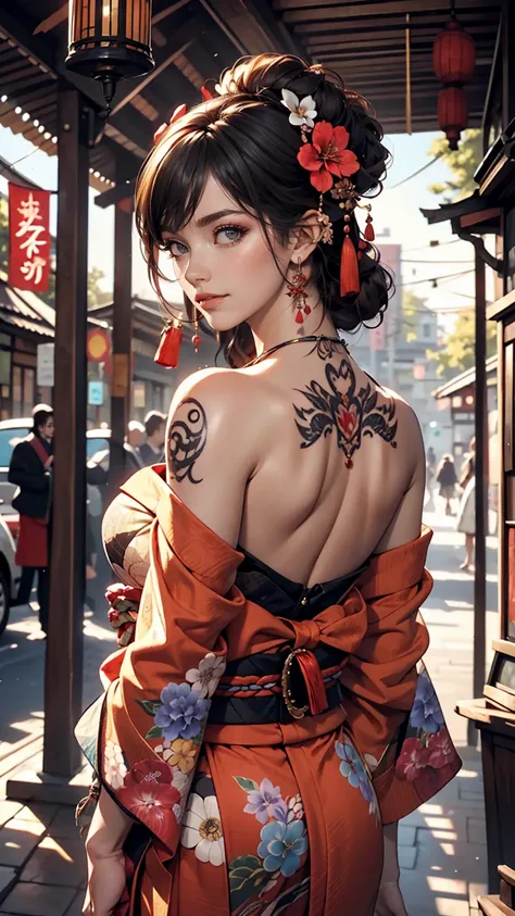 masterpiece, highest quality, highest quality, Official Art, beautifully、aesthetic:1.2),One girl, tattoo, alone, kimono, Red and black kimono, hair ornaments, unsheathing, Black Hair, sheath, back tattoo, dragon tattoo, blue eyes, Off the shoulder, Exposin...