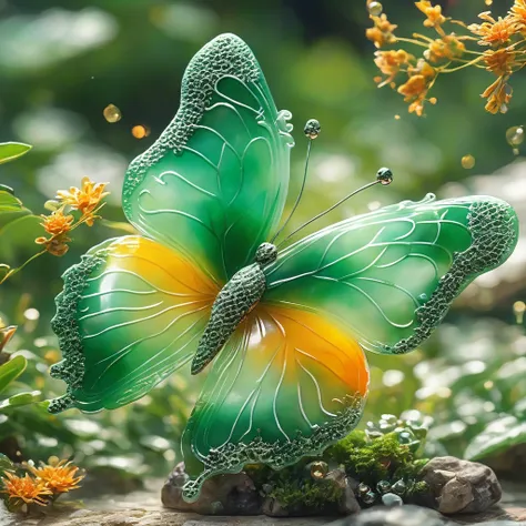 best quality, very good, 16K, ridiculous, Extremely detailed, Gorgeous butterflies，Made of translucent jadeite, Background grassland（（A masterpiece full of fantasy elements）））， （（best quality））， （（Intricate details））（8k）