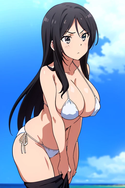 ((masutepiece, Best Quality, High resolution, anime screen cap, anime colours, in 8K, anime keyvisual)):1.5, Blowmailing, 1girl in, Cute, blush, (Long Black Hair:1.5), 14years, (Oversized large sagging breasts:1.5), cleavage, ((White Micro Bikini:1.5, Thin...