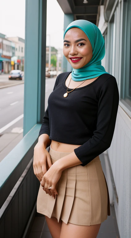 Malay girl with hijab Standing With Toes Pointed in hipster cafe, happy, smiling, nighttime, wearing turquoise small tight tops and pleated short skirt, white sneakers, professional lighting, blur background, cool ambient, bokeh, slim abs, small breast, sm...