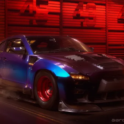 Arafed&#39;s Nissan sports car, with the hood on, is parked in front of the building., Widebody, Nissan GTR R 3 4, Cobblestone Nissan R34 GTR together, Modified Nissan Skyline R34, Highly realistic concept art, gtr xu1, Ultra-realistic concept art, Realist...