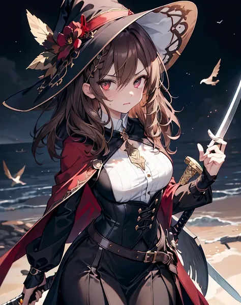 masterpiece,1girl, sparrow, a brown haired girl, wearing a witch clothes, wavy medium hair, messy hair, black skirt, slim body, she have a sword, medium breasts, she close her left eye, shirt ornament, lolippai, angry face, beautiful breasts, rounded breas...