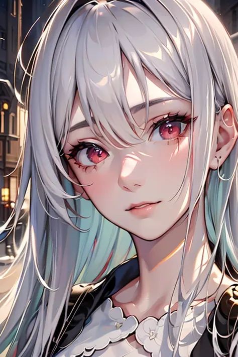 masterpiece, Best quality, Extremely detailed, cinematic lightning, complex part, a high resolution, official art, finely detailed beautiful face and eyes, high resolution illustration, 8K, depth of field, hips, One, 1 girl, Girl with white hair and red ey...