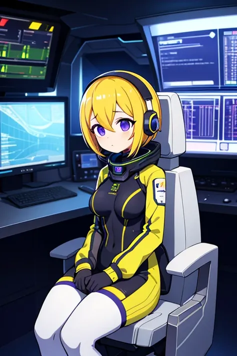 
operators girl, futuristic space ship, sit close , operating on terminal, futuristic instrumentation, focus on upper body, yellow suit, long violet hair, medium breast ,(masterpiece:1.2),(best quality:1.2),newest, ai-generated, intricate, full body
