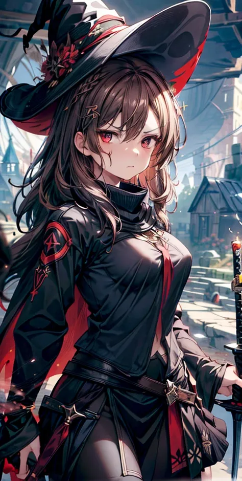 masterpiece,1girl, sparrow, a brown haired girl, wearing a witch clothes, wavy medium hair, messy hair, black skirt, slim body, she have a sword, medium breasts, she close her left eye, shirt ornament, lolippai, angry face, beautiful breasts, rounded breas...