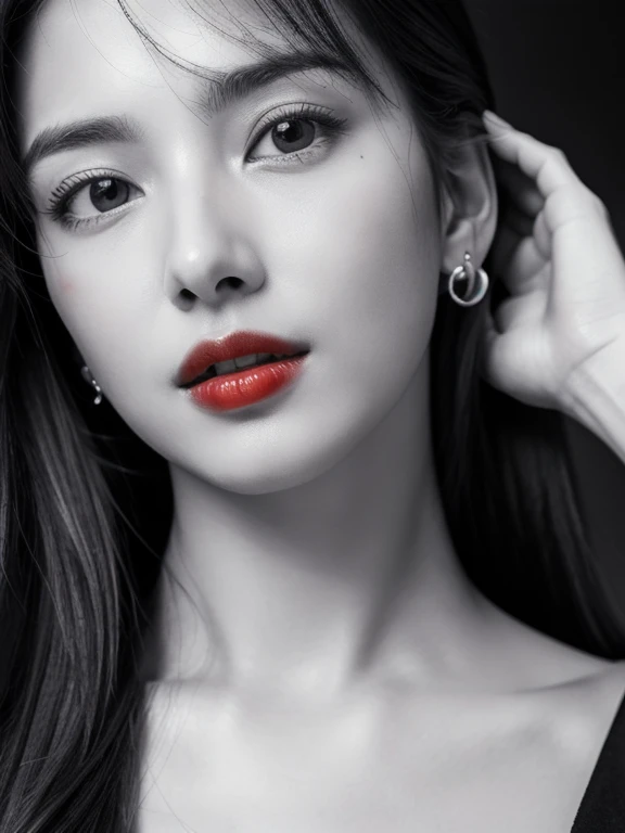 Masterpiece, Best Quality, Photorealsitic, Ultra-detailed, finely detail, high resolution, 8k wallpaper, Professional, high level of detail, ((monochrome photo)), 1girl in, ((Facing the front)), ((Only lips are in Red)), Detailed clavicle, face perfect,som...