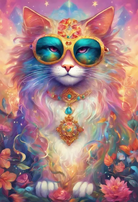 Playing poker,Soft pastel colors,sunglassesをかけた猫,Whimsical fantasy creatures,realistic fur texture,Sparkling, iridescent fur,sunglasses,Mischievous Smile,Enchanting background with twinkling stars,Fantastic lighting,Night Creatures Tags,Artistically detail...