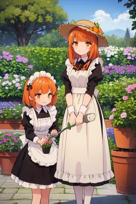 
masterpiece, best quality, ultra-detailed, extremely-detailed, ((2girls)), cute, (((medium black hair girl and long orange hair girl))), (((maid))), (((maid light brown short costume))), ((((medium breast))))

(((smile))), 
((((gardening)))), (((potted pl...