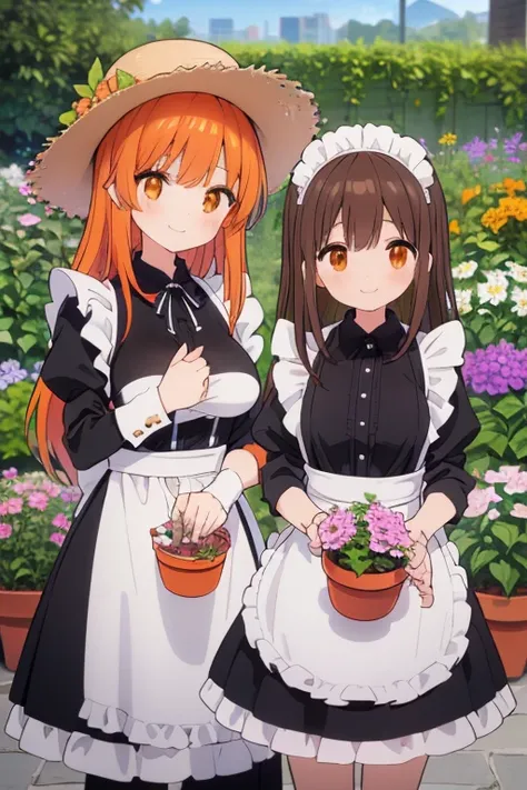 
masterpiece, best quality, ultra-detailed, extremely-detailed, ((2girls)), cute, (((medium black hair girl and long orange hair girl))), (((maid))), (((maid light brown short costume))), ((((medium breast))))

(((smile))), 
((((gardening)))), (((potted pl...