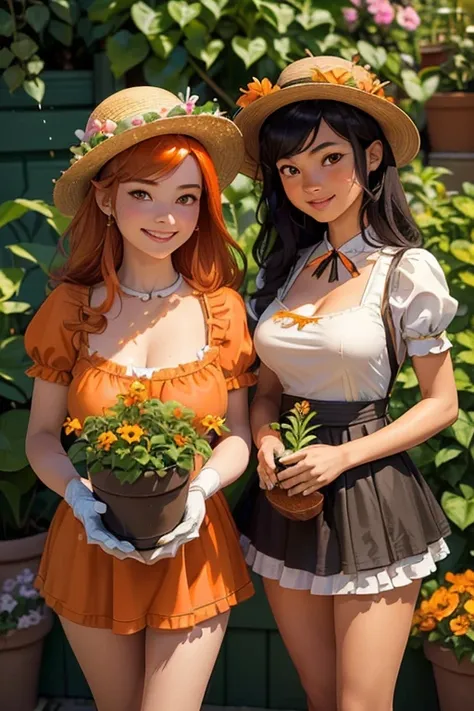 
masterpiece, best quality, ultra-detailed, extremely-detailed, ((2girls)), cute, (((medium black hair girl and long orange hair girl))), (((maid))), (((maid light brown short costume))), ((((medium breast))))

(((smile))), 
((((gardening)))), (((potted pl...