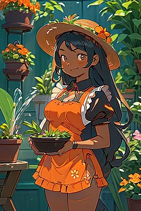 
masterpiece, best quality, ultra-detailed, extremely-detailed, ((2girls)), cute, (((medium black hair girl and long orange hair girl))), (((maid))), (((maid light brown short costume))), ((((medium breast))))

(((smile))), 
((((gardening)))), (((potted pl...