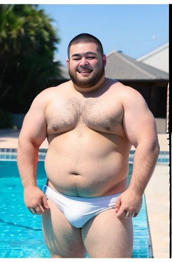 ((highest quality)), ((masterpiece)), (detailed), Perfect Face、Shaved head、Young Japanese、Muscular、Fat body、Big guy、smile、white small swimsuit、Emphasize the chest、Thick legs、Thick arms