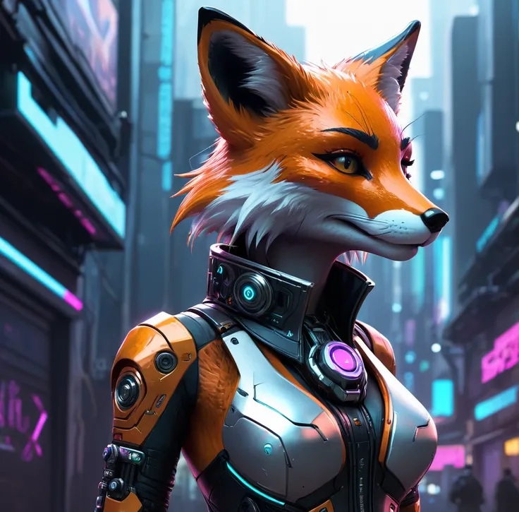 anthropomorphic fox, female, cyberpunk style hyper-detailing, siilization