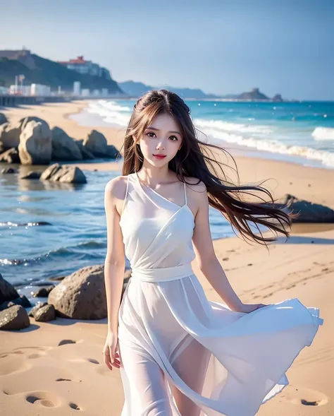 Great view of the coast, 1girl, (Bright Eyes, Tanned skin, Carefree expression), Beach Background, lighthouse, gentle sea breeze, Playful pose, Dynamic Synthesis, Golden Hour Lighting, Blurred background, Rich colors, Fine details, Surreal, 50mm lens, Rela...