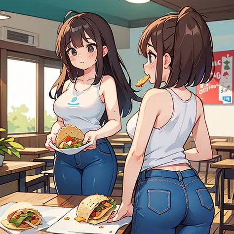 A woman in a tank top and slim jeans eating a taco at a taco shop　The cola is on the table　Large Breasts　Big Ass