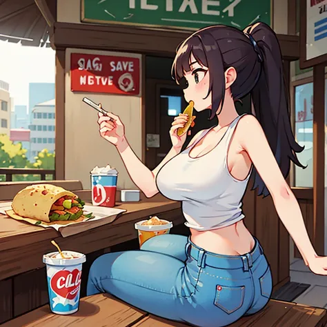 A woman in a tank top and slim jeans eating a taco at a taco shop　The cola is on the table　Large Breasts　Big Ass