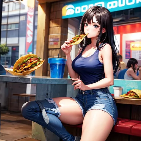 A woman in a tank top and slim jeans eating a taco at a taco shop　The cola is on the table　Large Breasts　Big Ass