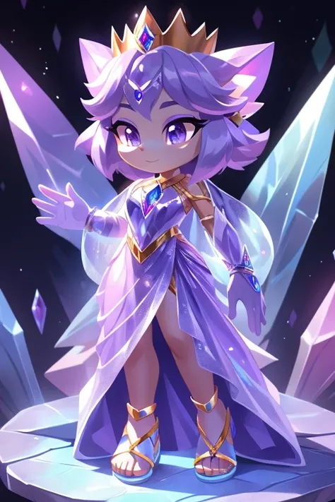 Nome: Crystalis
Poder: Crystal manipulation and ability to create protective shields Cor: Translucent lilac with touches of silver Clothing: A long, flowing dress in translucent lilac, com detalhes prateados que lembram fragmentos de cristal. Silver sandal...