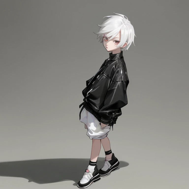 chibi cute boy, white hair fashion, street fashion oversized, below PDpro, dark background, full body, cool and handsome, ultra realistic, UHD quality image, v5, 