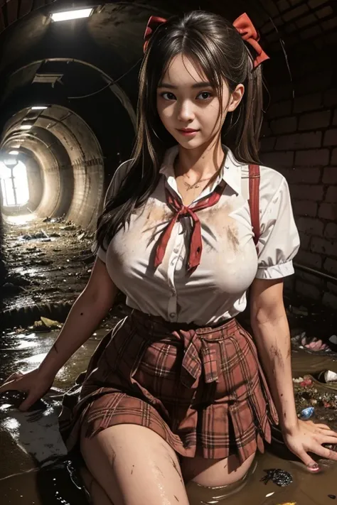 waistband of skirt is at the point above chest , school girl big breast , red knot , red bow , skirt dark red , plaid skirt , pleated skirt , dirty white Shirt , realisitic、top-quality、crisp photos、((Brick underground tunnel、Foul-smelling sewer、Littered wi...