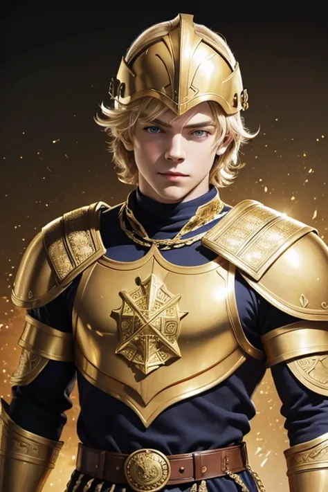 Ross Lynch, tarot card, roman soldier in gold armor, gold chest plate, gold helmet, gold galea, gold background, front-facing