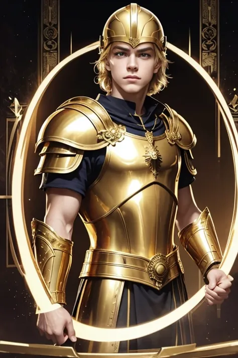 Ross Lynch, tarot card, roman soldier in gold armor, gold chest plate, gold helmet, gold galea, gold background, front-facing