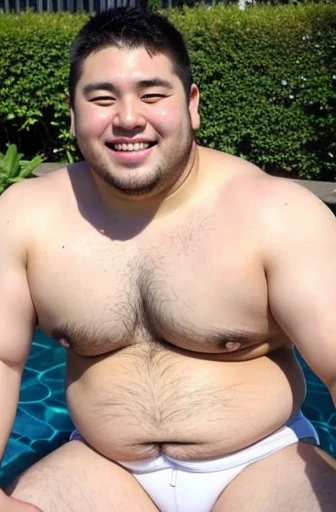 ((highest quality)), ((masterpiece)), (detailed), Perfect Face、Shaved head、Young Japanese、Muscular、Fat body、Big guy、smile、white small swimsuit、Emphasize the chest、Thick legs、Thick arms