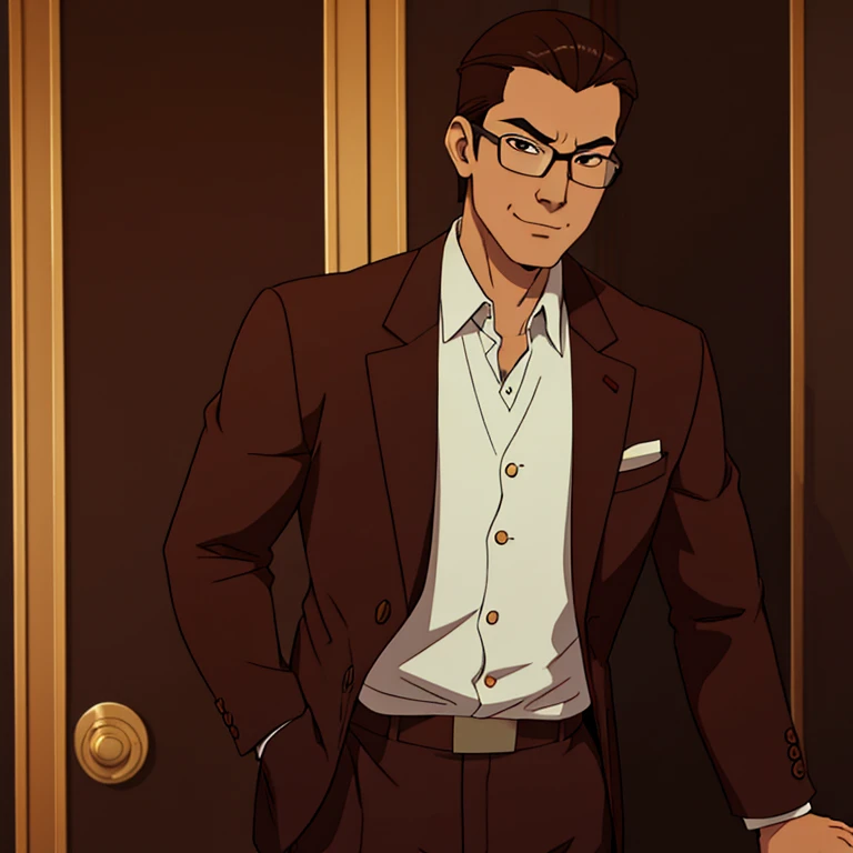 tall asian man with short, spiky brown hair, glasses, smug facial expression, fancy clothes.