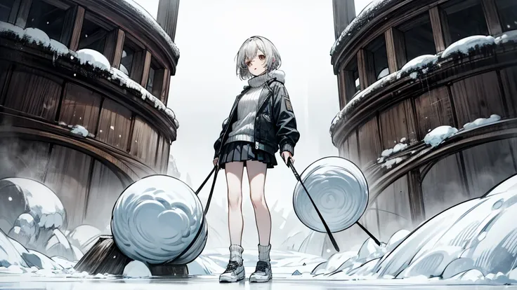 rustic，Heavy snow，Snow，a girl，Pure：1.5，slim，16 years old，wearing a turtleneck sweater，jacket，Pleated skirt，Bare legs，White socks，Very thin，The legs are very thin，Thin legs，whole body