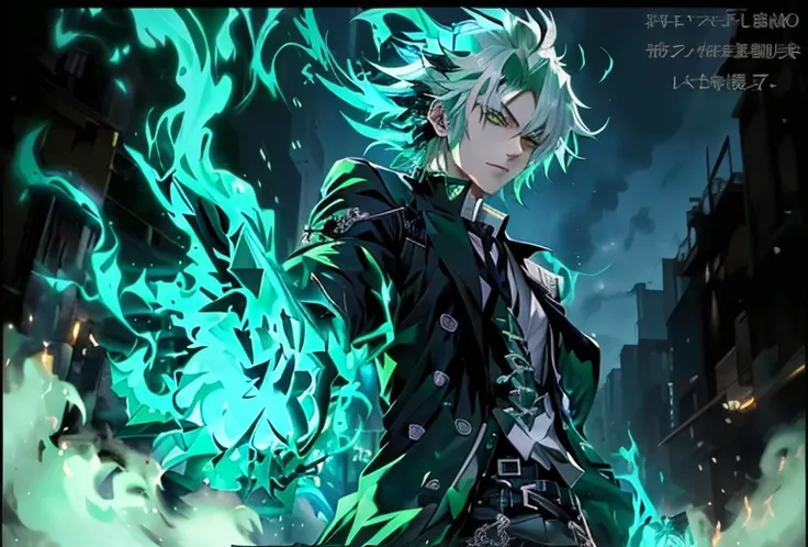 Green hair、Anime character in black clothes，Holding a green flame in his hand, Handsome guy in the art of slaying demons, Komaeda Nagito, Ghost Slayer Art Style, epic anime style, Energy Man&#39;s Epic Animation, best anime 4k konachan wallpaper, Anime Wal...