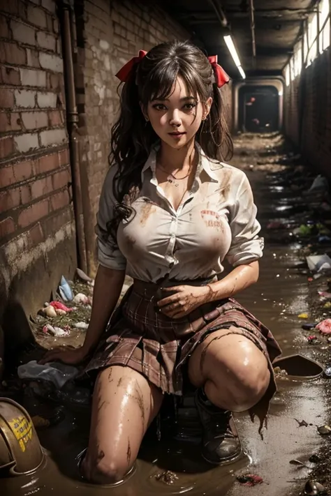 waistband of skirt is at the point above chest , school girl big breast , red knot , red bow , skirt dark red , plaid skirt , pleated skirt , dirty white Shirt , realisitic、top-quality、crisp photos、((Brick underground tunnel、Foul-smelling sewer、Littered wi...