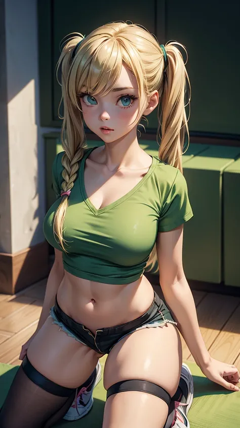 (masterpiece), (best quality), (detailed), light layer, 1solo girl, young girl, perfect body, blonde hair in pigtails, defined chest, defined collarbone, ultra realistic, photorealistic, detailed, ,Enhance, wearing a busty low green v-neck anime shirt and ...