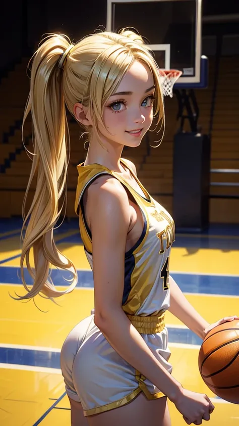 (masterpiece), (best quality), (detailed), light layer, 1solo girl, young girl, perfect body, blonde hair in pigtails, defined chest, defined collarbone, ultra realistic, photorealistic, detailed, ,Enhance, wearing a gold basketball jersey, gold booty shor...