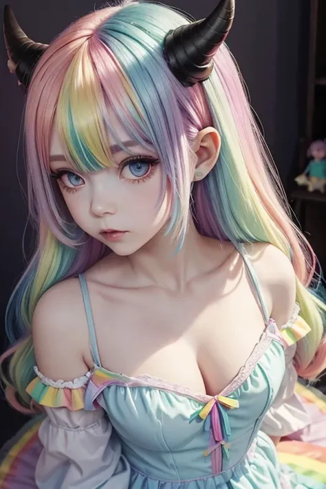 Female imp with rainbow pastel hair, pale skin, pastel rainbow small horns located on the forehead, pastel rainbow puffy dress, large breasts, doll-like appearance 