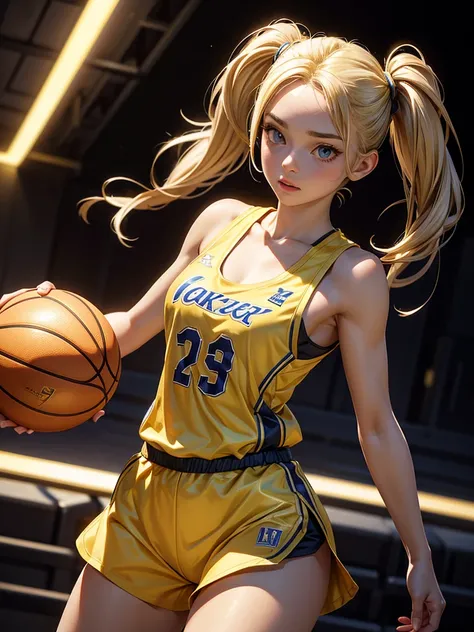 (masterpiece), (best quality), (detailed), light layer, 1solo girl, young girl, perfect body, blonde hair in pigtails, defined chest, defined collarbone, ultra realistic, photorealistic, detailed, ,Enhance, wearing a gold basketball jersey, gold booty shor...