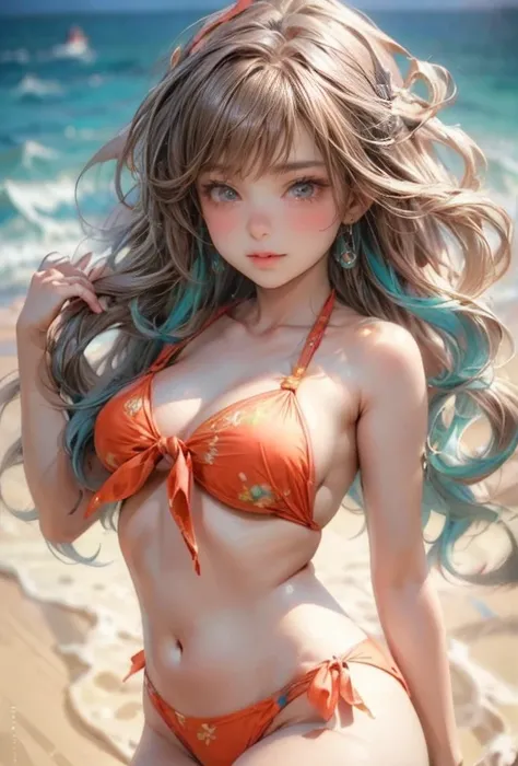 masterpiece, highest quality, 16k, unbelievably absurd, very detailed, perfect beauty, beautiful cute girl, in a beautiful pose, flowing hair, in sandy beach, beautiful delicate vibrant colors bikini with ribbon:1.2, perfect body style, through bangs,nijis...