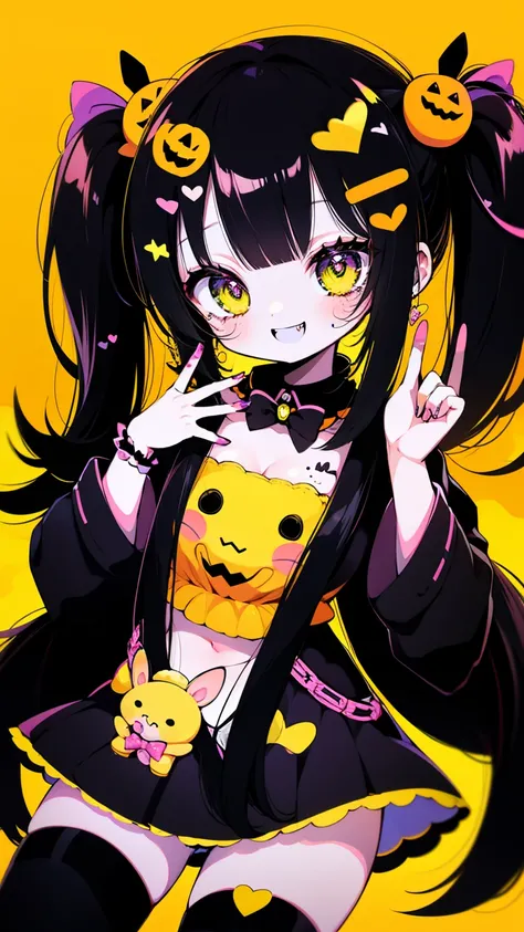 halloween theme, "kawaii, Cute orenge bunny girl in cute smile with teeth and holdinga halloween candy, poser, Adorable girl in orenge, neon orenge black, and baby lime color scheme. She wears halloween-themed clothing. Her outfit is fluffy and soft, With ...