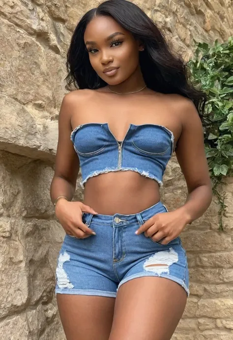 (best high quality:1.2), 8k, extremely detailed, (High detail:1.2), ((perfect anatomy in hands)), (Hotlexi woman), Solo, African girl, (strapless, mini-shorts denim),